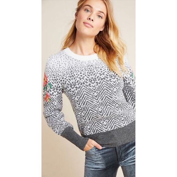 By Anthropologie Karolina Sweater Size LP Ivory Gray Floral Wool Jacquard Petite - Picture 2 of 16
